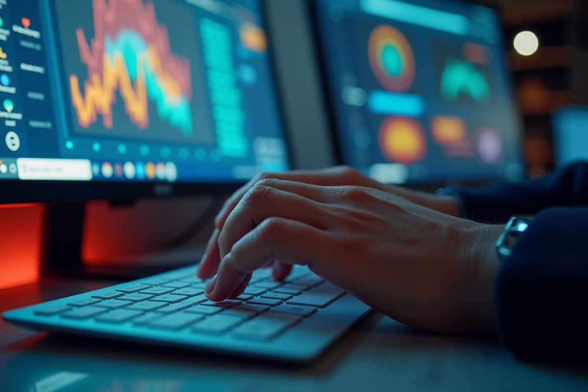 Mains tapant sur un clavier avec interface Epsilon Scan Soft en arrière-plan