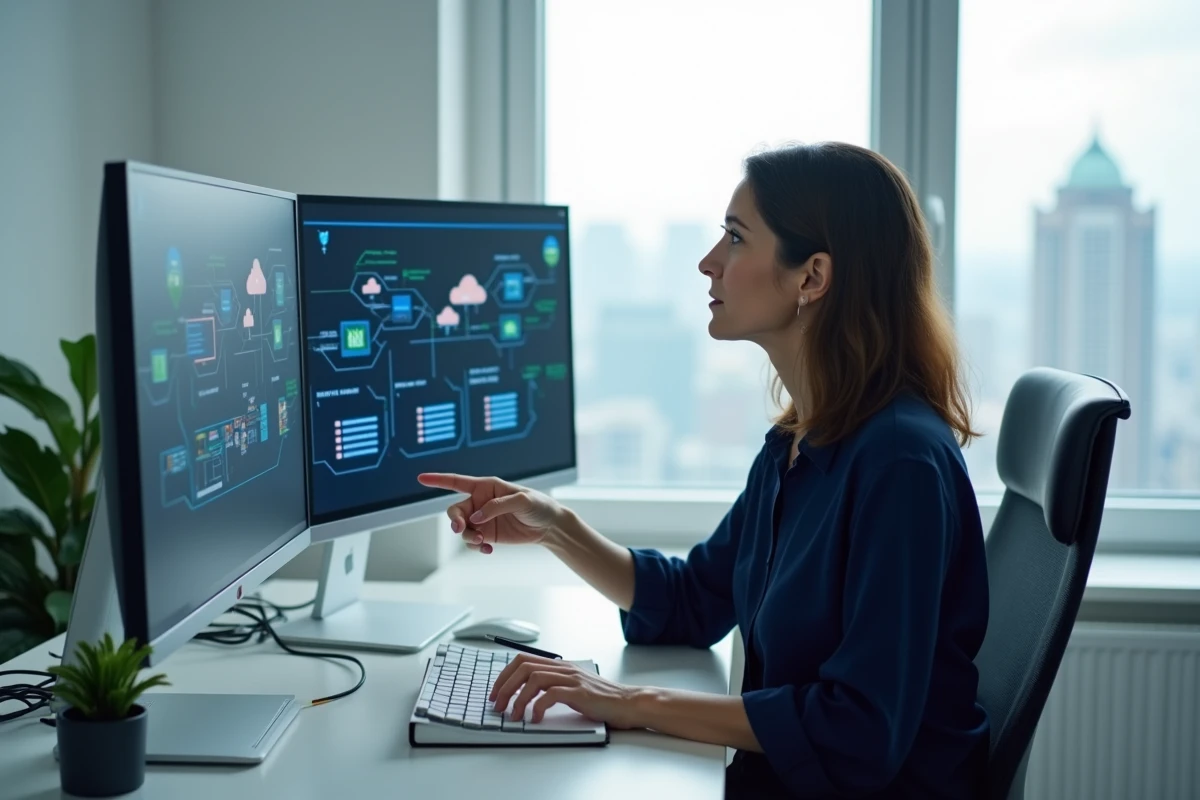 Une consultante IT examine des schémas d'infrastructure cloud sur un double écran dans un bureau moderne avec vue sur la ville