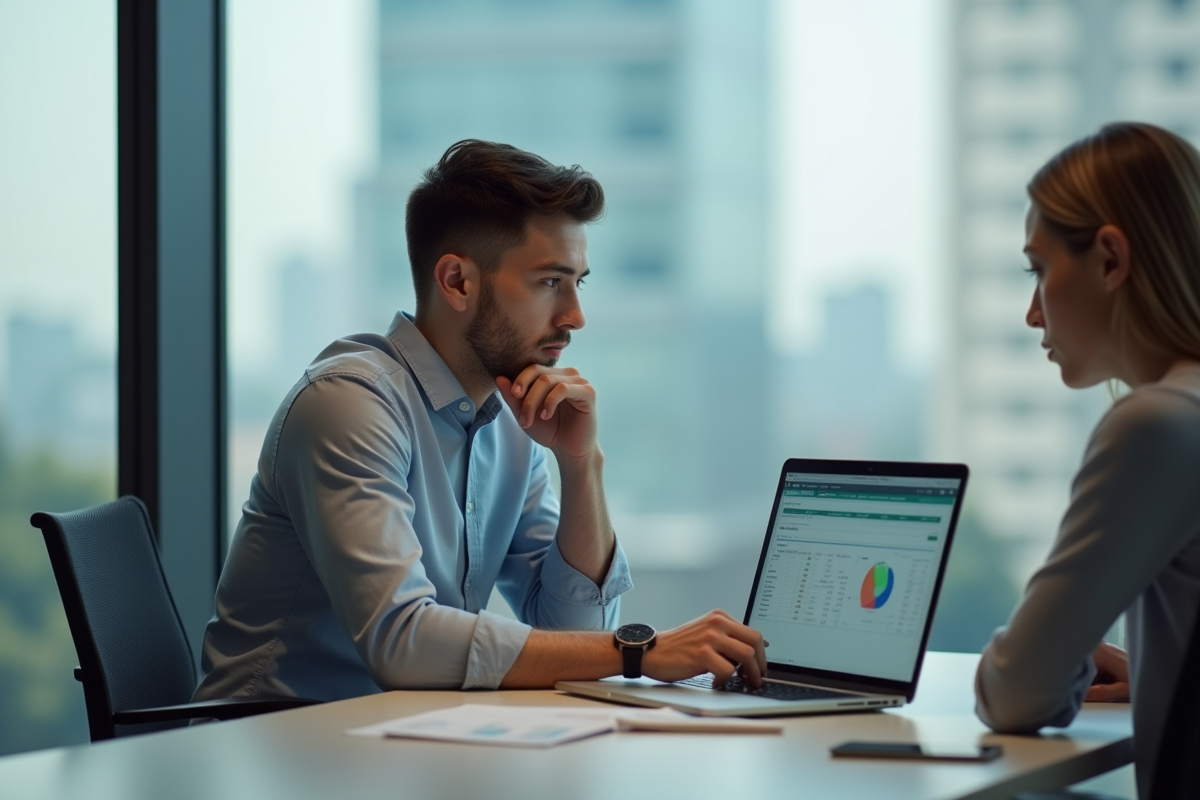 Deux collègues discutant devant un ordinateur en réunion
