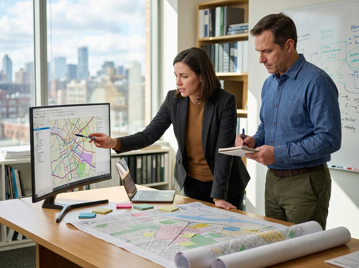 Deux professionnels collaborant autour de données cartographiques imprimées et de logiciels SIG Esri dans un espace de travail moderne