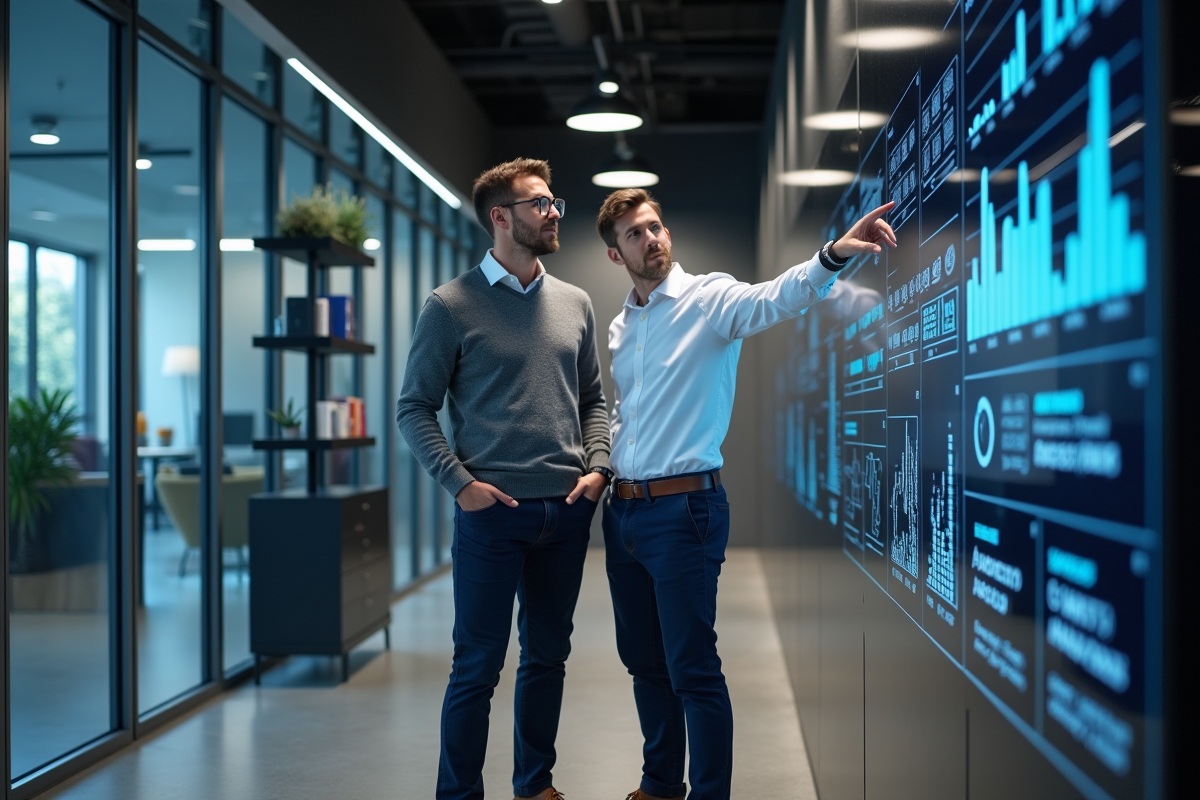 Deux hommes discutant devant un tableau digital dans un laboratoire high-tech