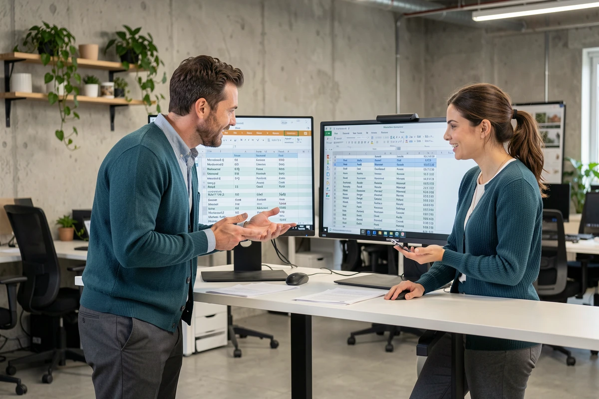 Deux collègues collaborant sur un projet de publipostage Word Excel avec gestion des accents et formatage des données