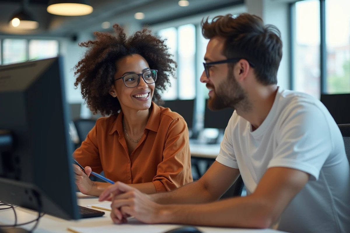 Deux collègues consultant les favoris d'un navigateur sur un écran d'ordinateur dans un open space contemporain