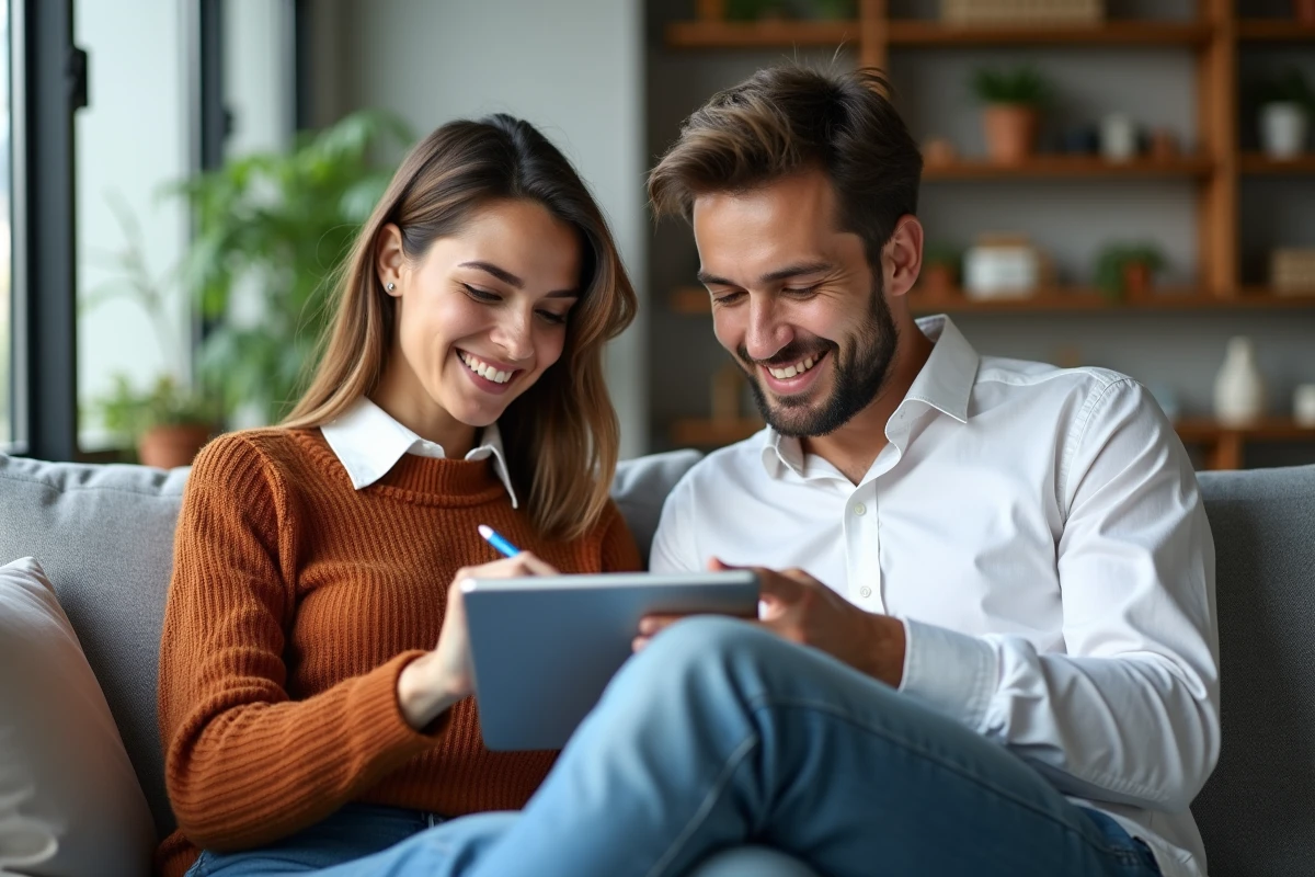 Deux collègues consultant et partageant un tableau Excel sur tablette en espace de coworking, travail collaboratif mobile