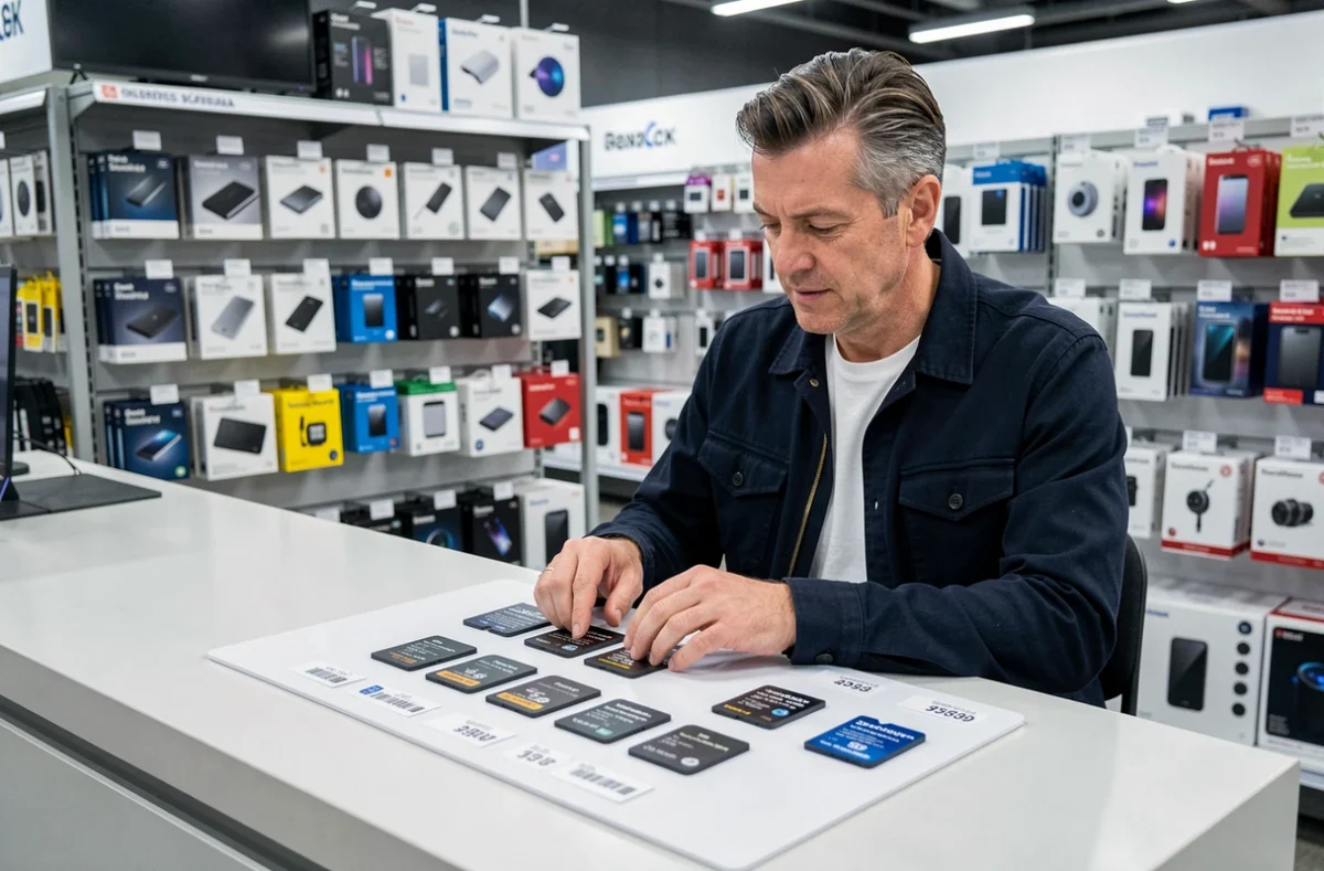 Homme comparant plusieurs cartes SD avec leurs capacités et prix dans un magasin d'électronique