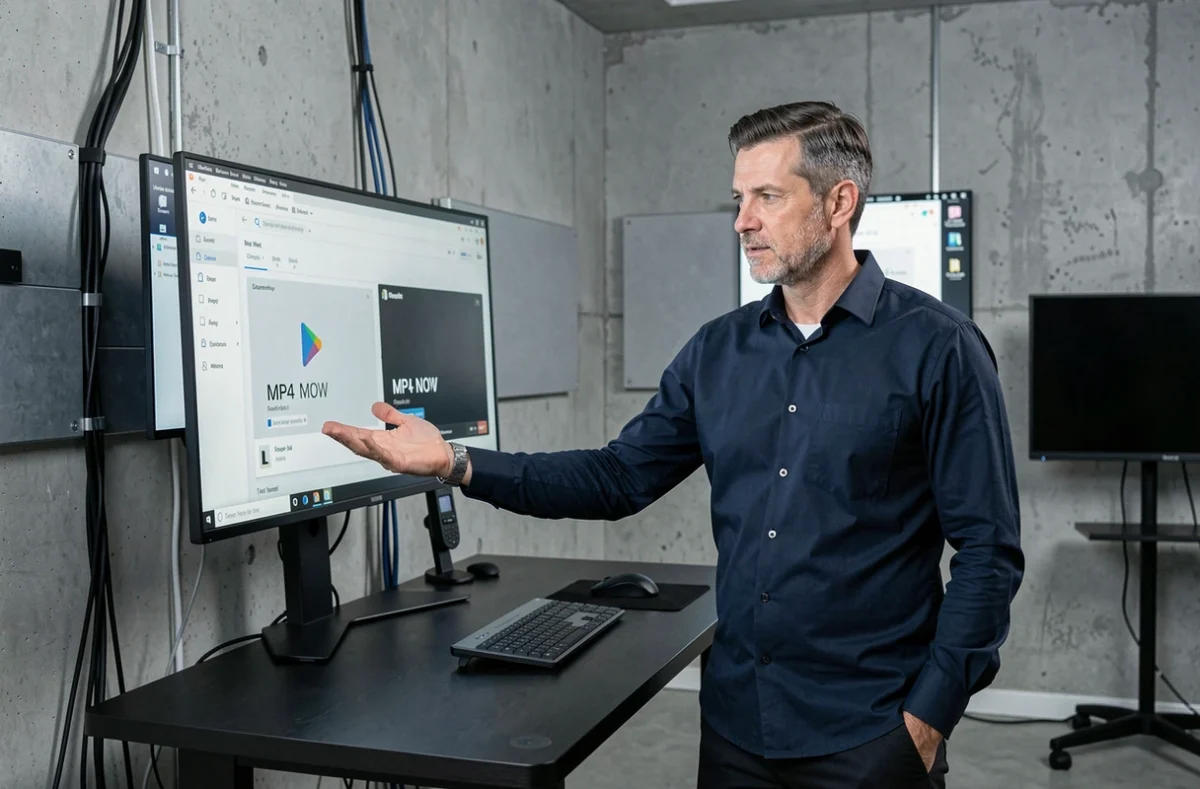 Professionnel de la vidéo comparant les formats MP4 et MOV sur un grand écran dans un studio de montage