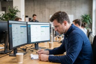 Professionnel IT comparant des offres d'hébergement web sur deux écrans dans un bureau moderne