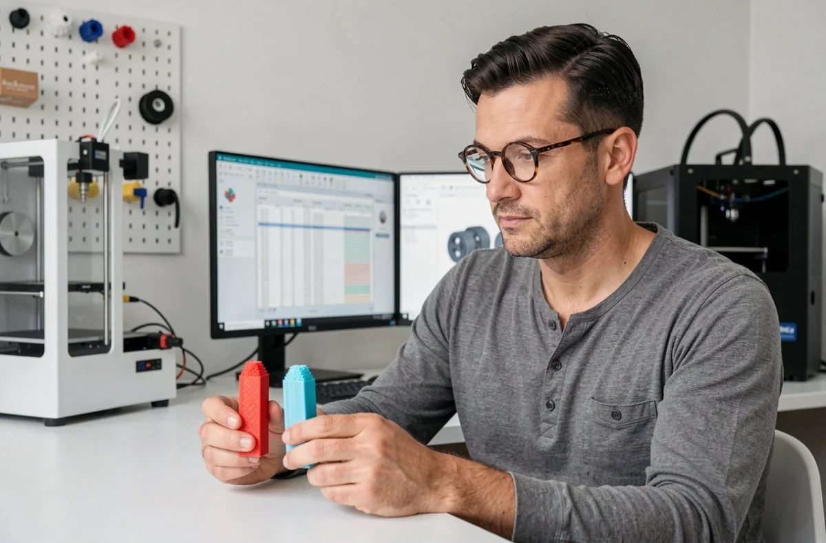 Homme comparant deux imprimantes 3D résine et FDM pour choisir le meilleur modèle pour une activité rentable