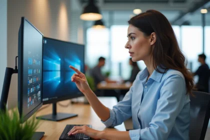 Femme professionnelle comparant les interfaces Windows 10 et Windows 11 sur deux écrans côte à côte dans un bureau moderne