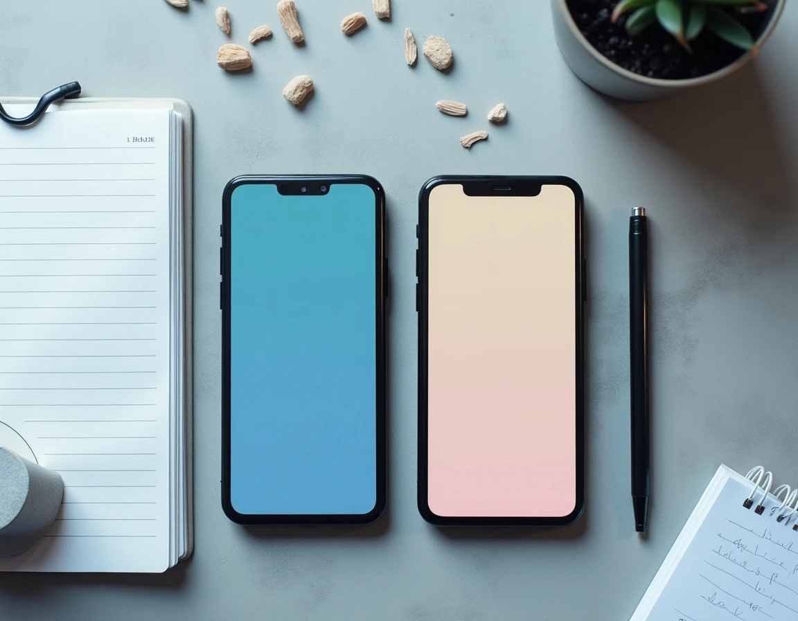 Comparatif de deux smartphones posés sur béton avec notes manuscrites pour choisir la configuration RAM et stockage idéale