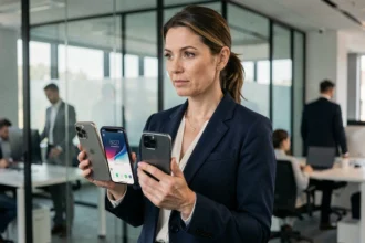 Professionnelle en blazer marine tenant trois smartphones haut de gamme côte à côte dans un bureau moderne pour une comparaison photo 2026