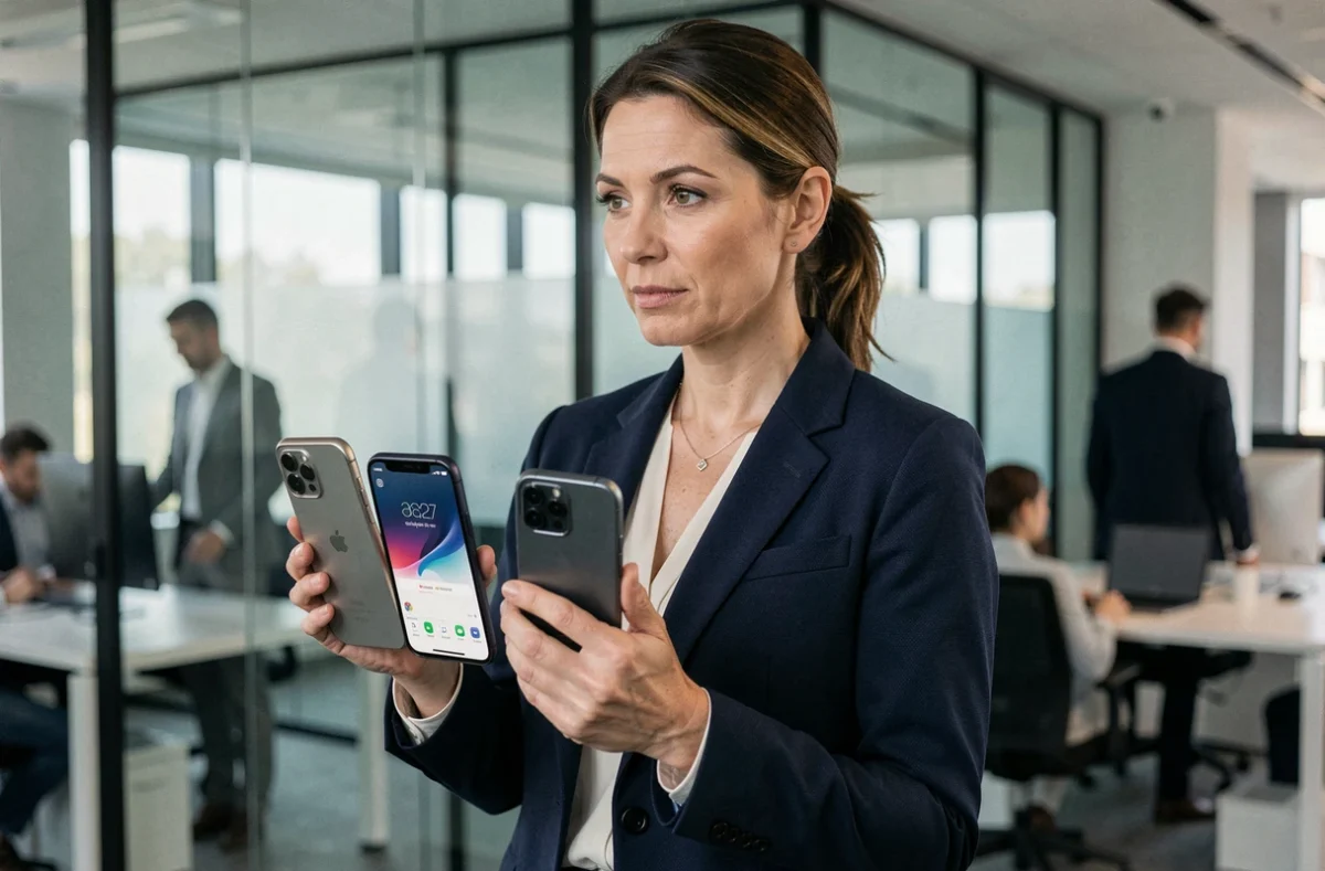 Professionnelle en blazer marine tenant trois smartphones haut de gamme côte à côte dans un bureau moderne pour une comparaison photo 2026
