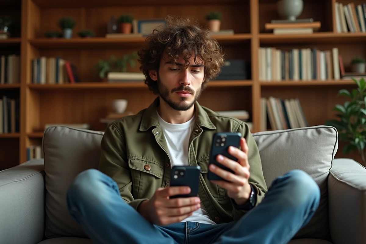Jeune homme perplexe face à une application mobile surchargée et difficile à comprendre depuis son canapé à domicile