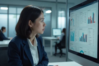 Femme cadre dépassée face à une interface numérique complexe et surchargée d'informations sur un écran d'ordinateur en open space