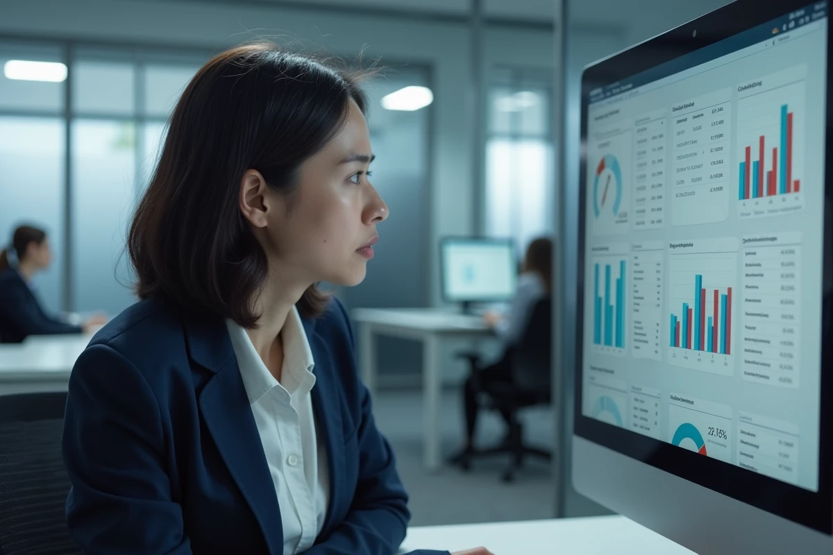 Femme cadre dépassée face à une interface numérique complexe et surchargée d'informations sur un écran d'ordinateur en open space