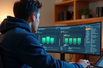 Homme utilisant un logiciel de compression de fichiers Win RAR 64 bits sur un PC sous Windows