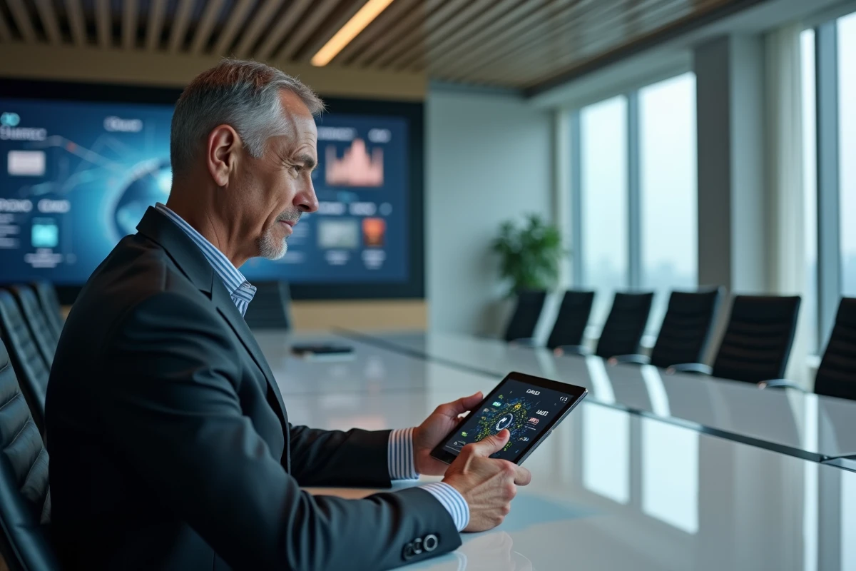 Un consultant en stratégie d'entreprise examine une carte mentale des concepts clés technologiques sur une tablette dans une salle de conseil exécutive avec panorama urbain