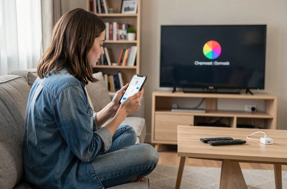 Femme configurant un Chromecast via l'application Google Home sur smartphone dans un salon cosy