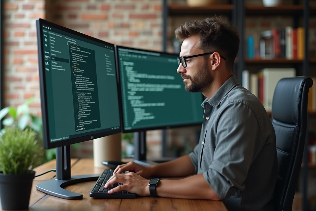 Homme consultant les paramètres de chiffrement et de filtrage anti-spam de son webmail sécurisé sur deux écrans dans un bureau à domicile
