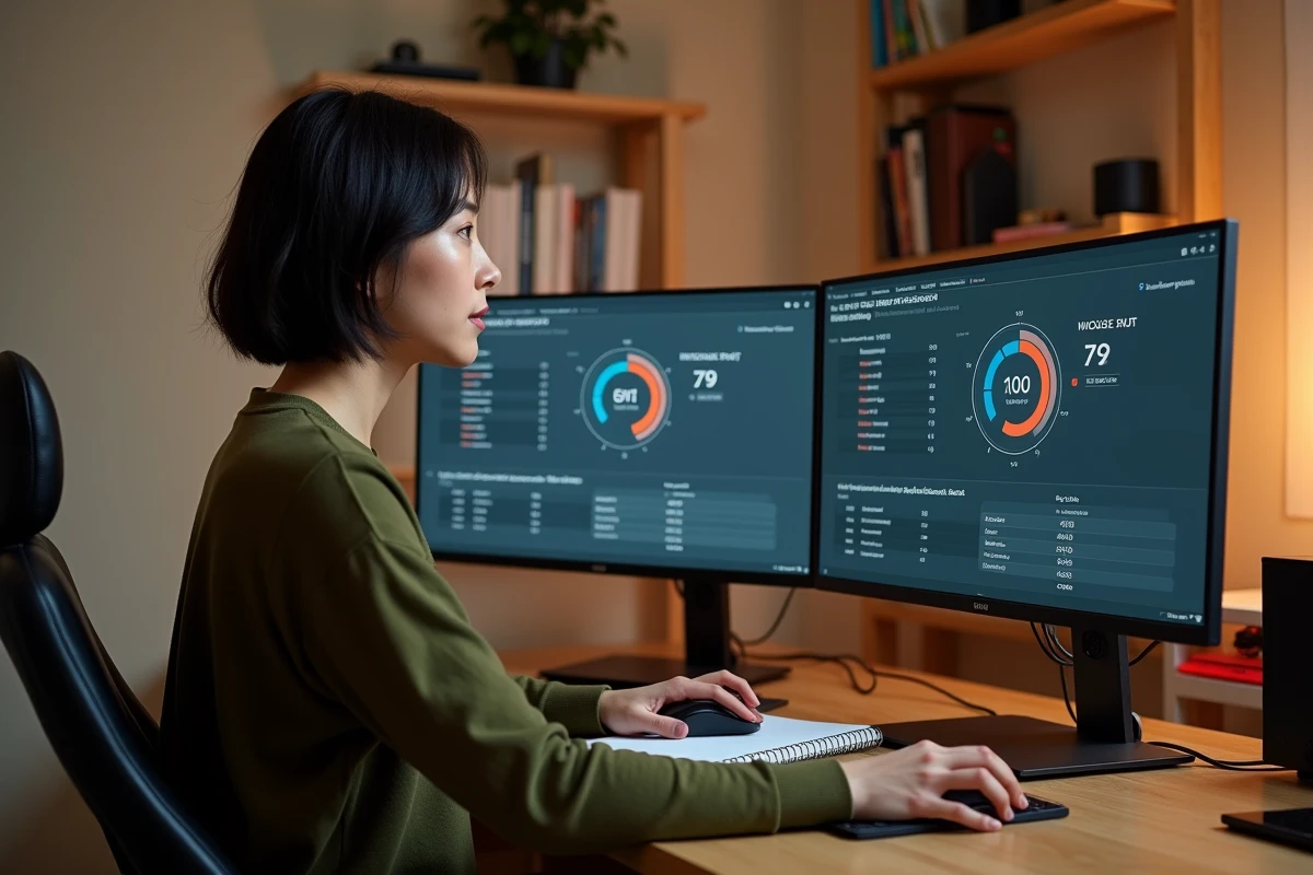 Femme configurant les réglages de souris et analysant les résultats de clics par seconde sur double écran