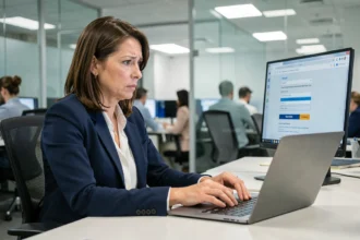 Femme professionnelle en entreprise tentant de se connecter à sa messagerie AOL webmail depuis un ordinateur portable au bureau