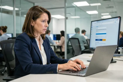 Femme professionnelle en entreprise tentant de se connecter à sa messagerie AOL webmail depuis un ordinateur portable au bureau