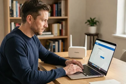 Homme connecté à l'interface Mafreebox sur un ordinateur portable dans un bureau à domicile avec un routeur Freebox posé à côté