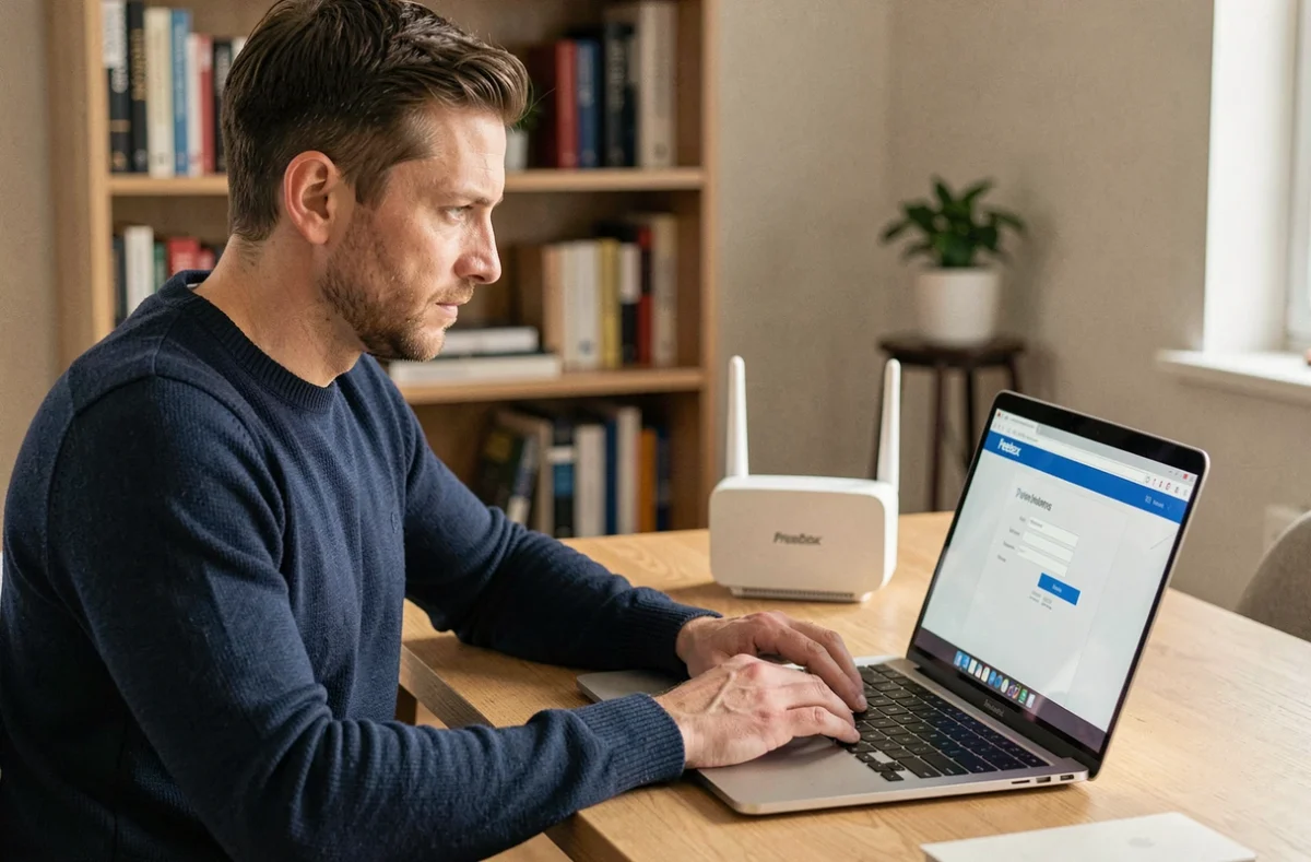 Homme connecté à l'interface Mafreebox sur un ordinateur portable dans un bureau à domicile avec un routeur Freebox posé à côté