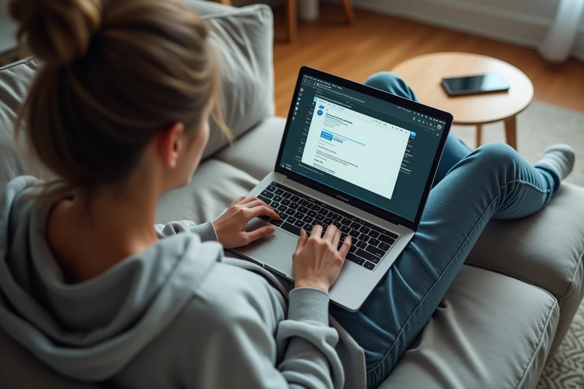 Jeune femme se connectant à son mail ac-montpellier.fr depuis son salon en télétravail