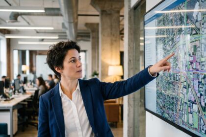 Consultante SIG analysant des couches de données géographiques sur un grand écran dans un bureau moderne, illustrant le travail avec un partenaire Esri