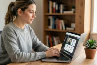 Femme utilisant un outil de conversion vidéo en ligne sur son ordinateur portable pour convertir des fichiers MP4 ou MOV