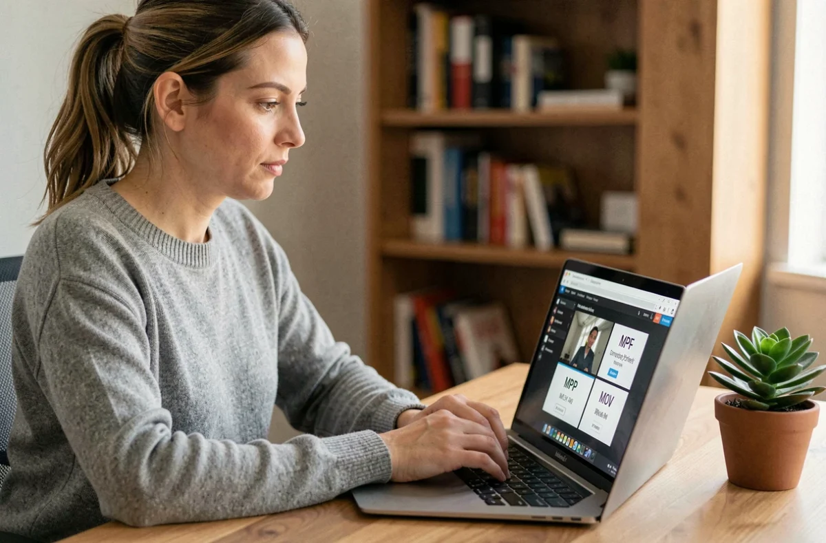 Femme utilisant un outil de conversion vidéo en ligne sur son ordinateur portable pour convertir des fichiers MP4 ou MOV