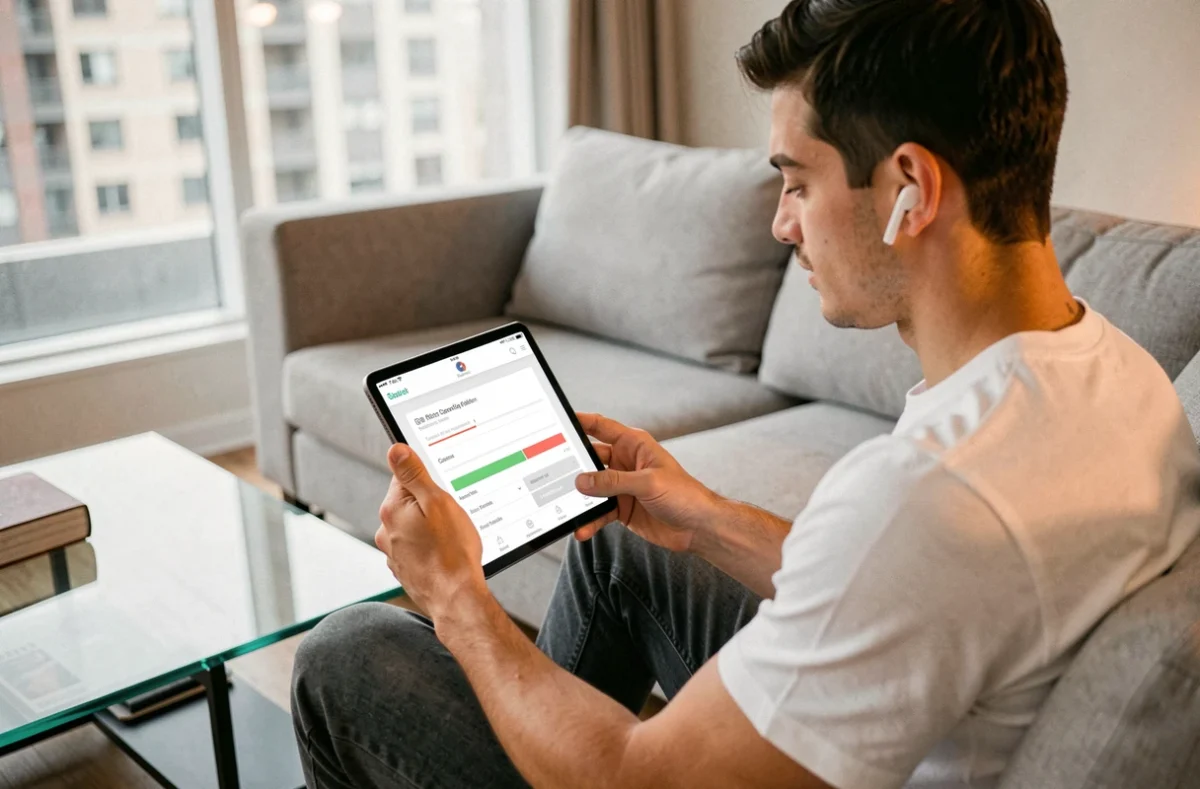 Jeune homme convertissant une vidéo en ligne depuis une tablette dans un salon moderne, choisissant entre MP4 et MOV