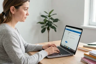 Femme créant une adresse email Yahoo sur un ordinateur portable dans un bureau à domicile
