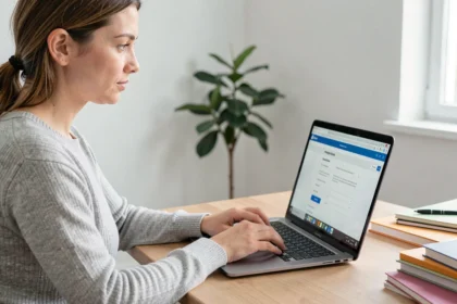 Femme créant une adresse email Yahoo sur un ordinateur portable dans un bureau à domicile