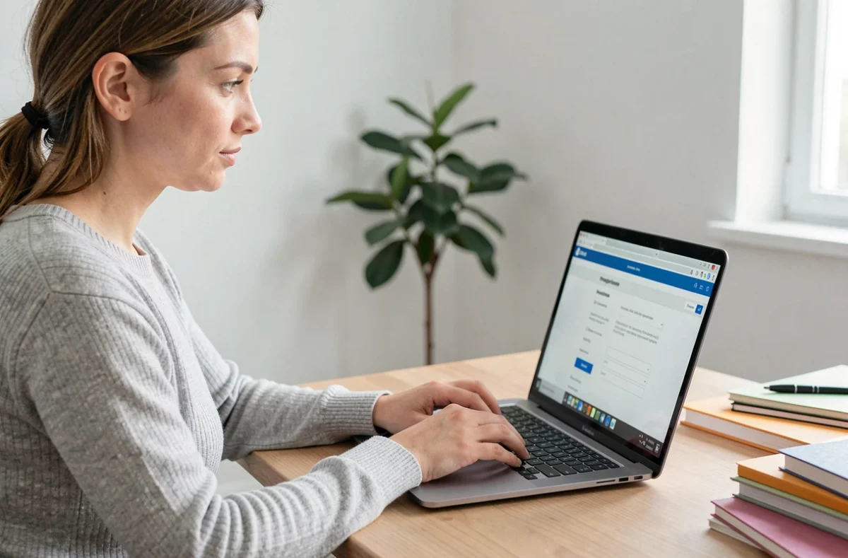 Femme créant une adresse email Yahoo sur un ordinateur portable dans un bureau à domicile