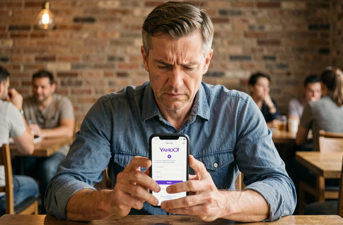 Homme consultant un tutoriel de création de compte Yahoo sur smartphone dans un café