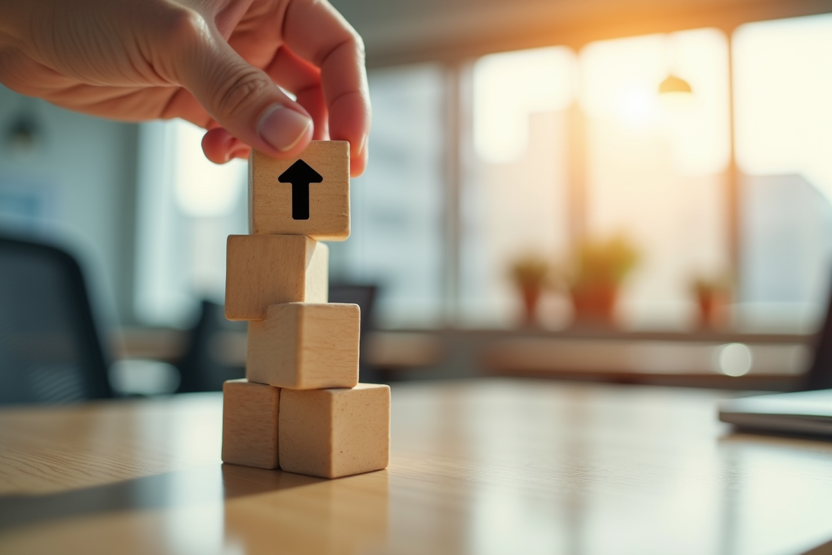 Main posant une flèche sur des blocs symbolisant la croissance