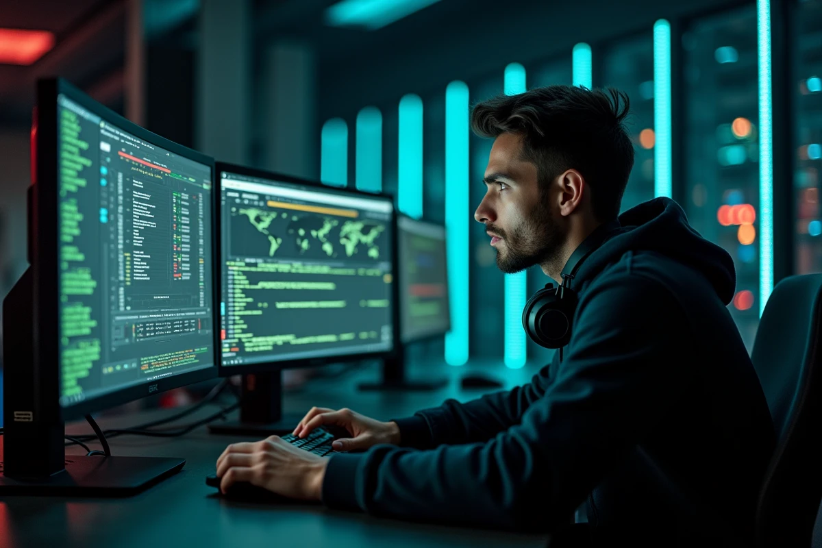 Un analyste en cybersécurité surveille des tableaux de bord de sécurité réseau et des alertes sur une station multi-écrans dans un centre opérationnel