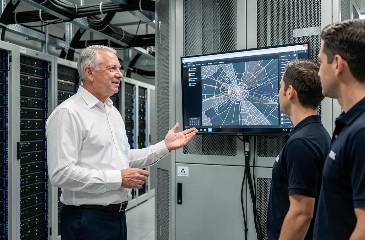 Ingénieur IT senior expliquant une carte réseau de grande échelle à des collègues dans une salle de serveurs professionnelle à Lyon pour DCS Easyware