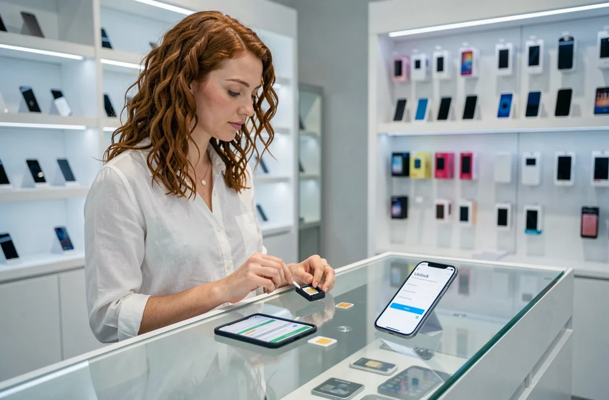 Femme dans une boutique mobile tenant un iPhone déverrouillé avec une carte SIM et un outil d'éjection sur le comptoir