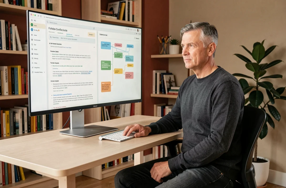 Développeur ou chef de produit travaillant sur des cas d'usage numériques depuis un bureau à domicile ergonomique et moderne