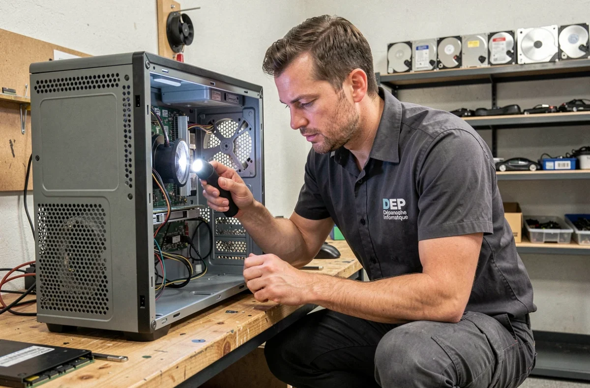 Technicien de DEP Dépannage Informatique inspectant l'intérieur d'un ordinateur de bureau ouvert dans son atelier
