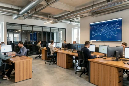 Vue d'ensemble d'un bureau de dépannage informatique professionnel en Haute-Garonne avec des techniciens au travail