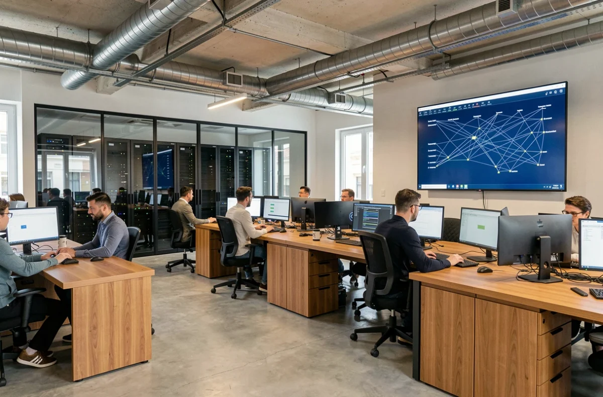Vue d'ensemble d'un bureau de dépannage informatique professionnel en Haute-Garonne avec des techniciens au travail