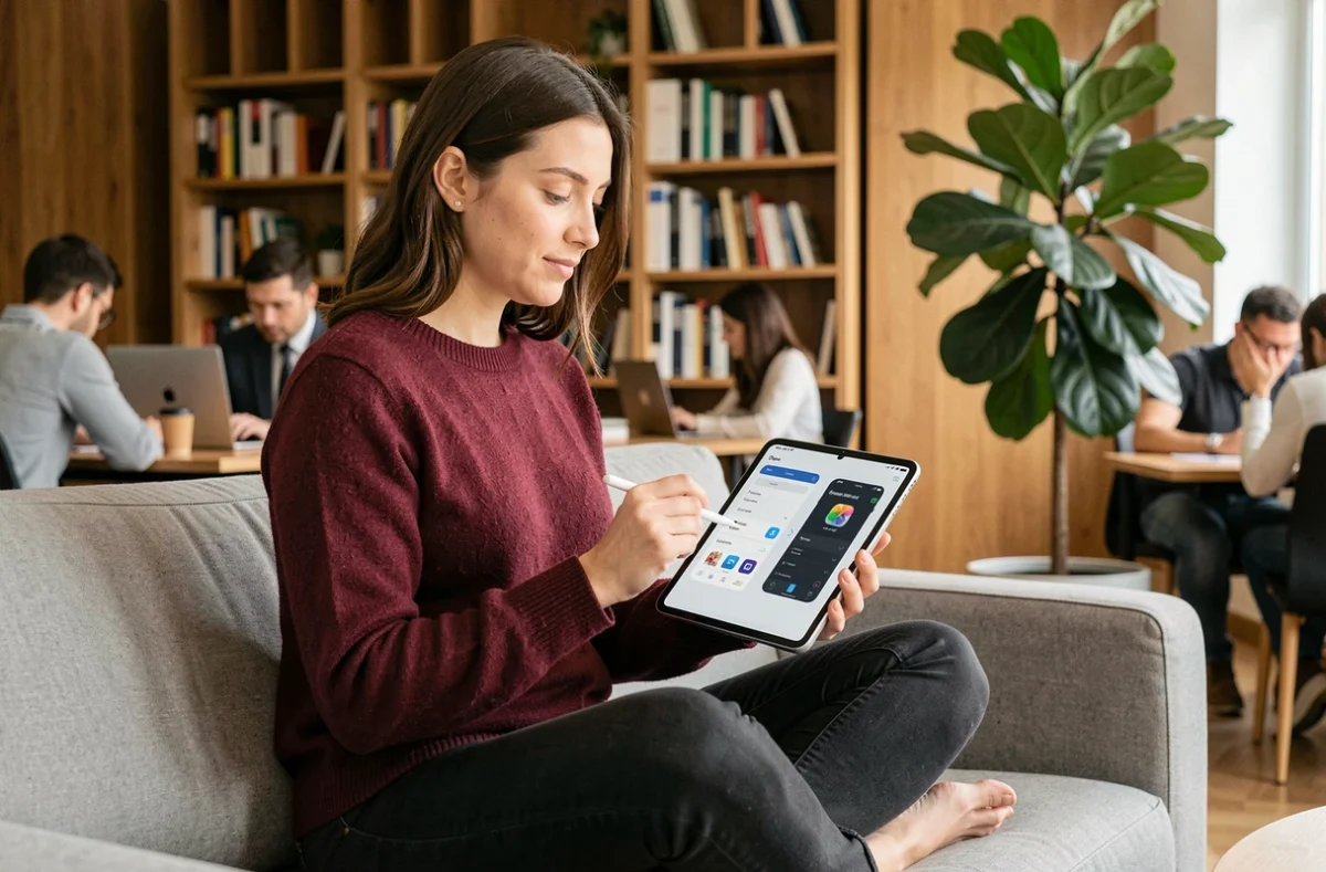Designer UX roumaine créant une interface d'application mobile sur mesure compatible iOS et Android dans un espace de coworking