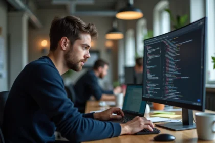 Développeur web masculin analysant un formulaire HTML cassé sur deux écrans dans un bureau moderne