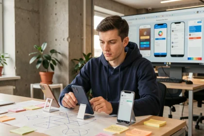 Développeur roumain travaillant sur une application mobile compatible iOS et Android dans un bureau moderne de Bucarest