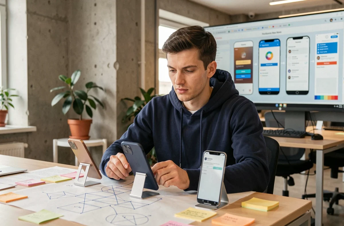 Développeur roumain travaillant sur une application mobile compatible iOS et Android dans un bureau moderne de Bucarest