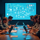 Groupe de développeurs collaborant autour d'une table avec diagrammes API